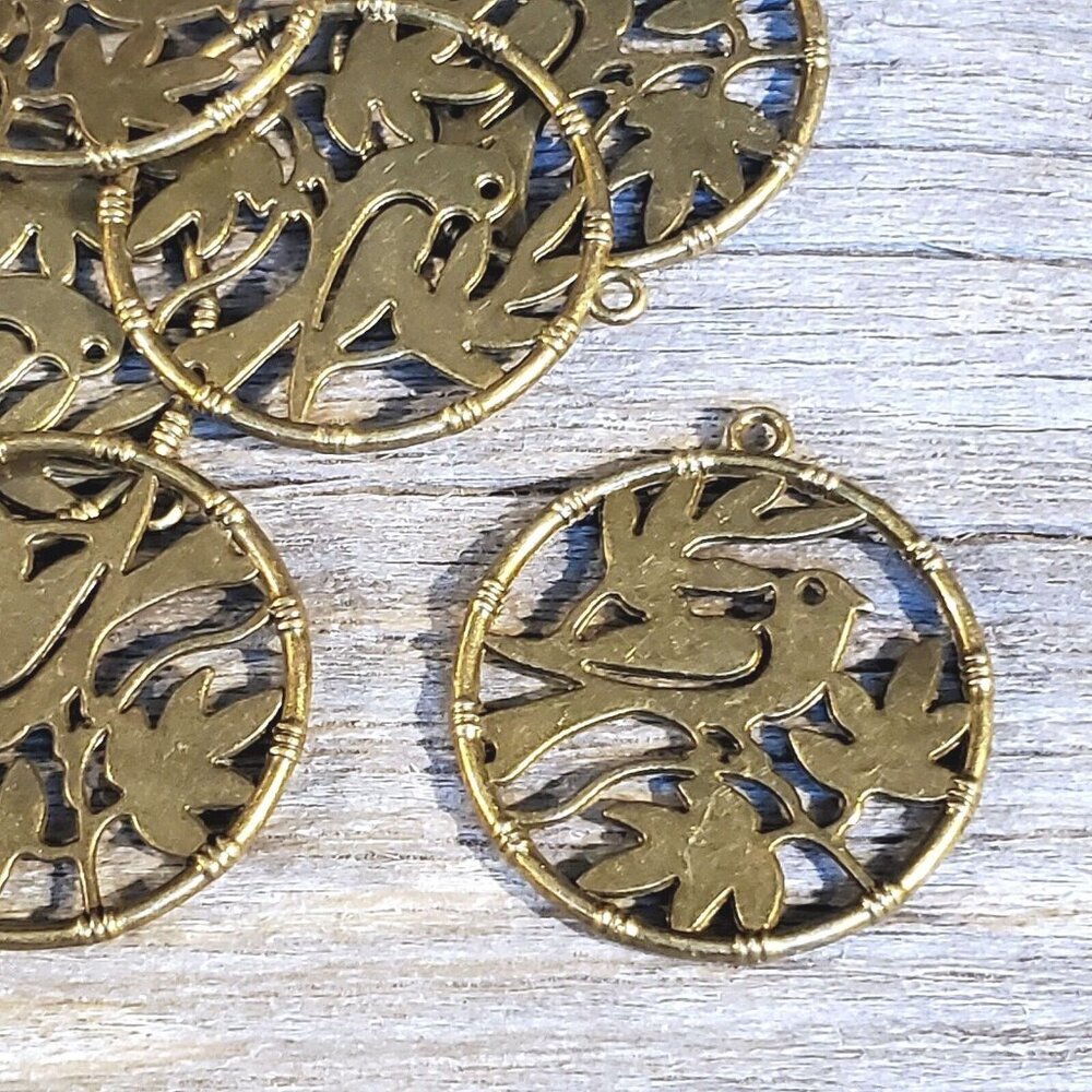 Lot Antiqued Bronze Pewter Dove of Peace Bird Olive Branch Pendants 2 pcs